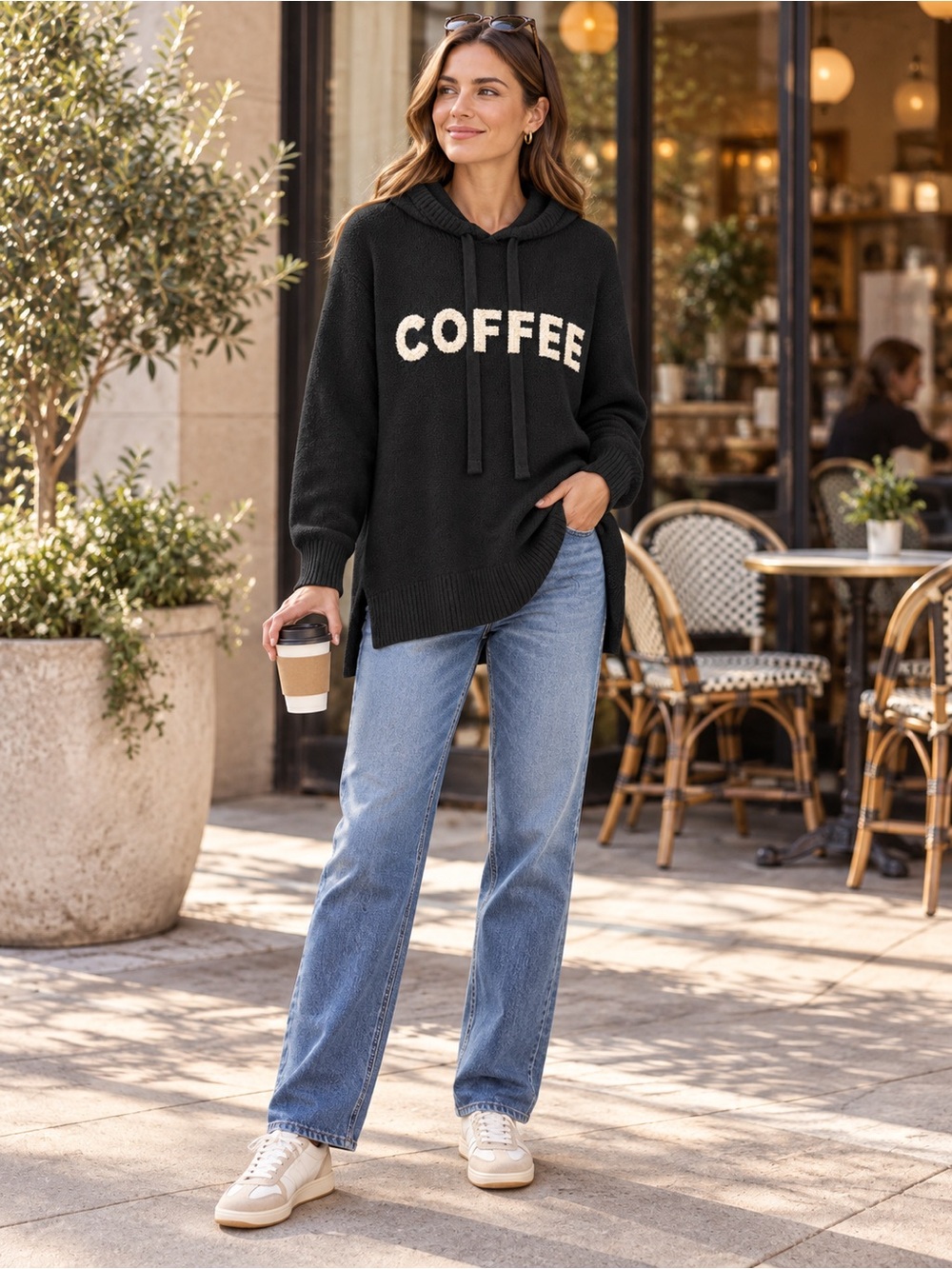 Lou & Grey COFFEE Hooded Sweater Womens Large Black Cream Knit Pullover